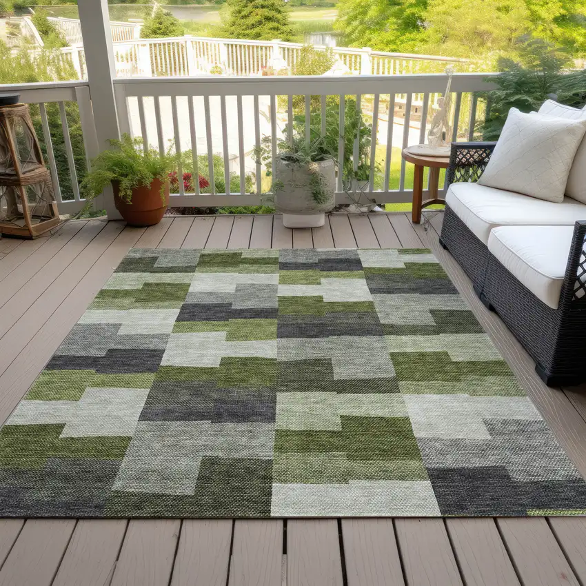 Olive Green And Artichoke Green Geometric Washable Indoor Outdoor Area Rug Photo 7