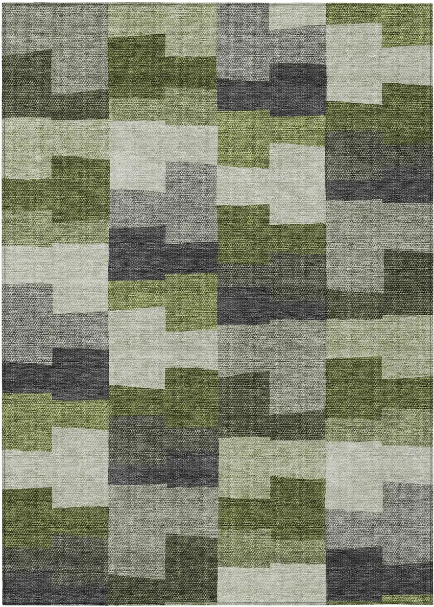 Olive Green And Artichoke Green Geometric Washable Indoor Outdoor Area Rug Photo 2