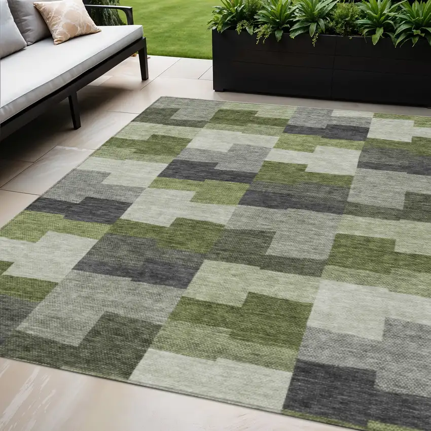 Olive Green And Artichoke Green Geometric Washable Indoor Outdoor Area Rug Photo 1