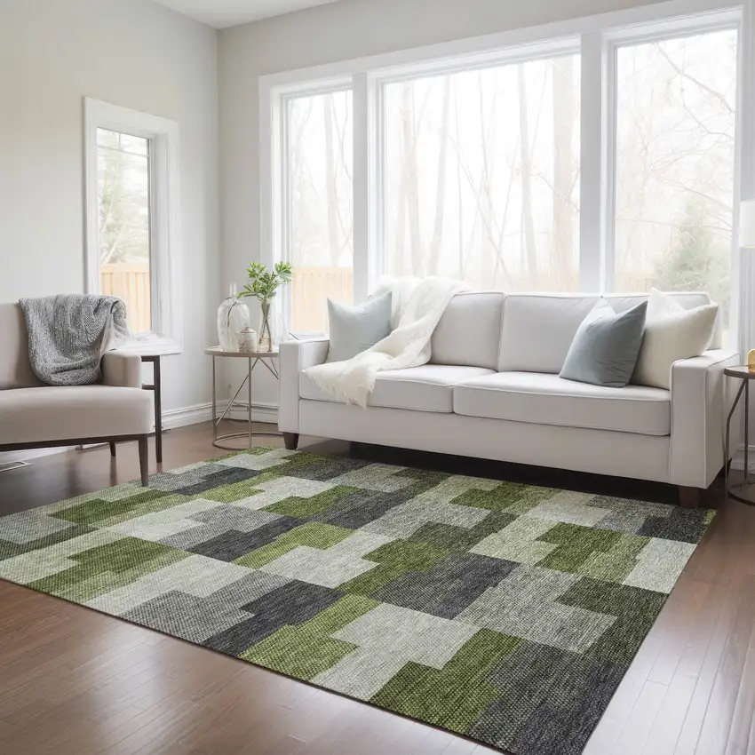 Olive Green And Artichoke Green Geometric Washable Indoor Outdoor Area Rug Photo 8