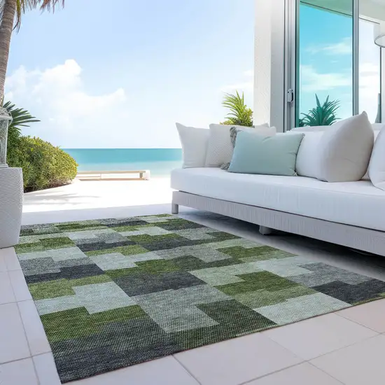 Olive Green And Artichoke Green Geometric Washable Indoor Outdoor Area Rug Photo 9