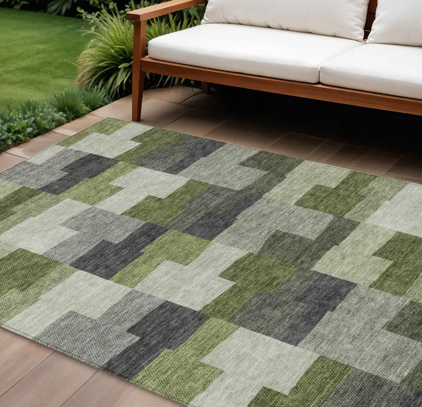 Olive Green And Artichoke Green Geometric Washable Indoor Outdoor Area Rug Photo 1