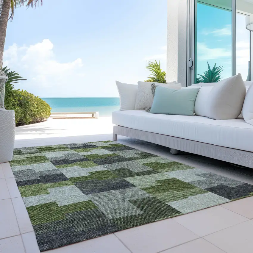 Olive Green And Artichoke Green Geometric Washable Indoor Outdoor Area Rug Photo 9