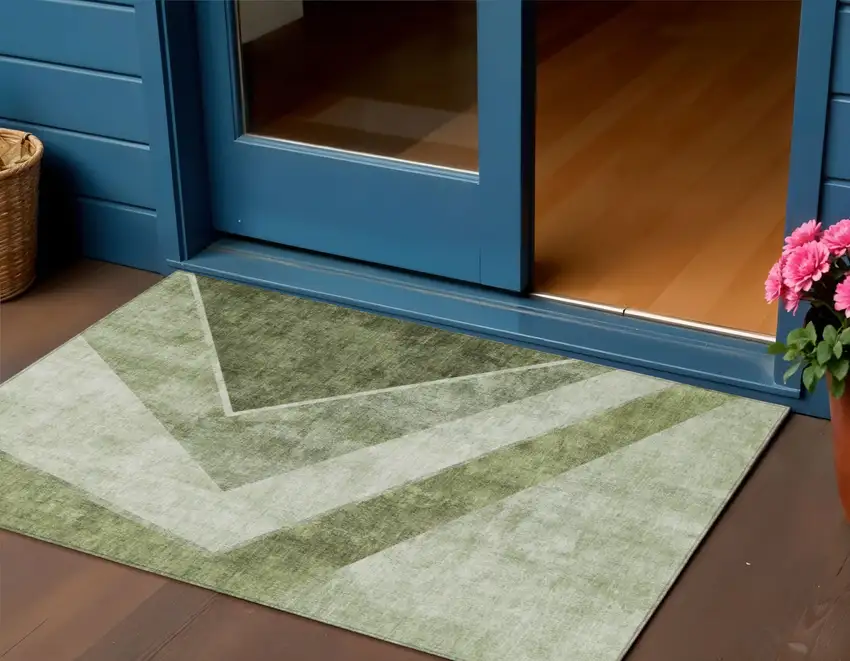 Olive Green And Artichoke Green Geometric Washable Indoor Outdoor Area Rug Photo 1
