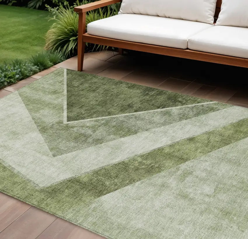 Olive Green And Artichoke Green Geometric Washable Indoor Outdoor Area Rug Photo 1