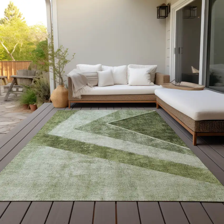 Olive Green And Artichoke Green Geometric Washable Indoor Outdoor Area Rug Photo 9