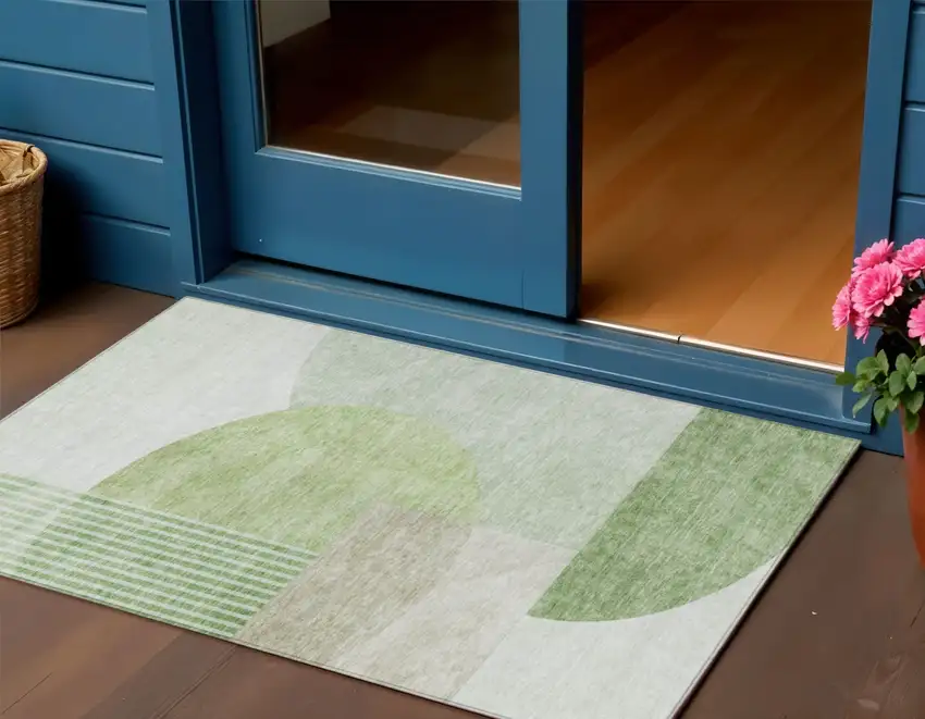 Olive Green And Artichoke Green Geometric Washable Indoor Outdoor Area Rug Photo 1