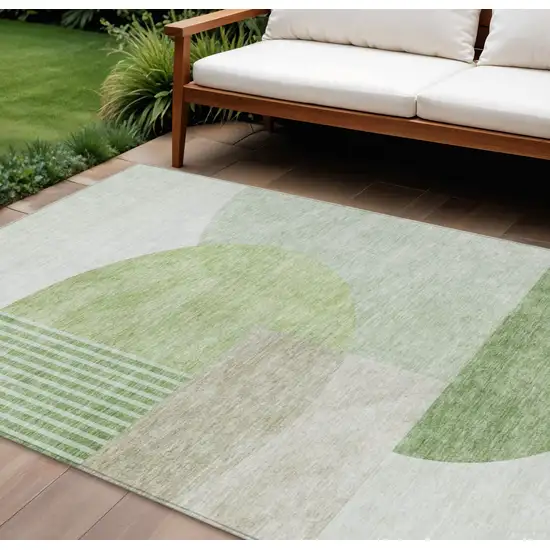 Olive Green And Artichoke Green Geometric Washable Indoor Outdoor Area Rug Photo 1