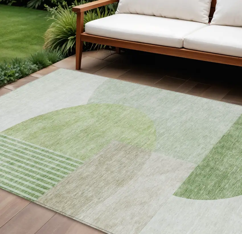 Olive Green And Artichoke Green Geometric Washable Indoor Outdoor Area Rug Photo 1