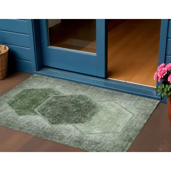 Olive Green And Artichoke Green Geometric Washable Indoor Outdoor Area Rug Photo 1