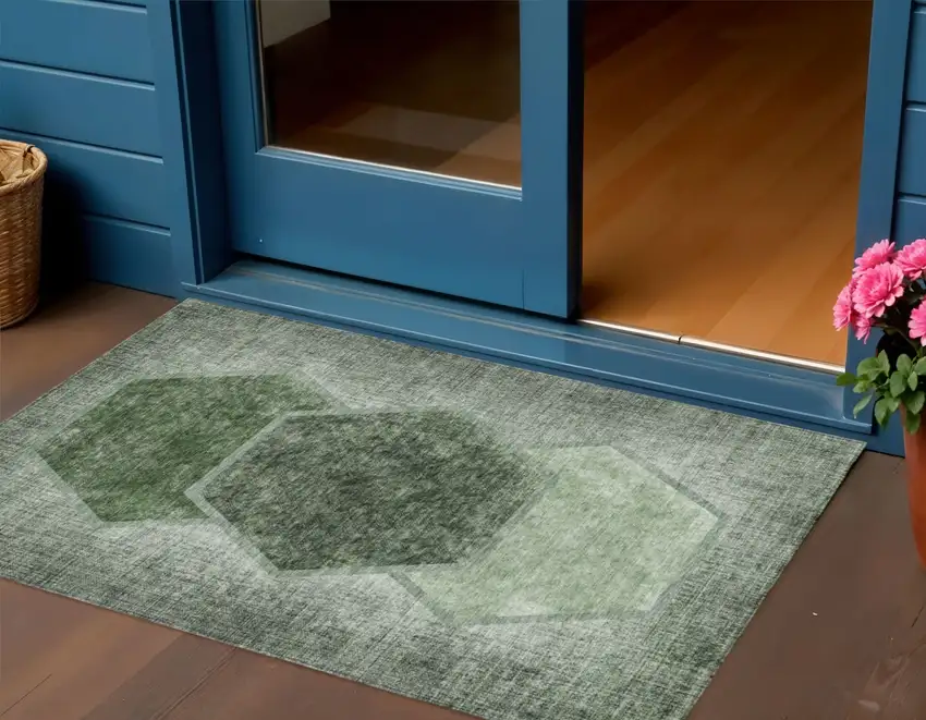 Olive Green And Artichoke Green Geometric Washable Indoor Outdoor Area Rug Photo 1