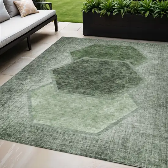 Olive Green And Artichoke Green Geometric Washable Indoor Outdoor Area Rug Photo 1