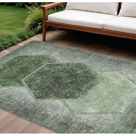Olive Green And Artichoke Green Geometric Washable Indoor Outdoor Area Rug Photo 1