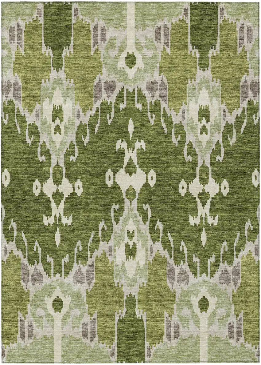 Olive Green And Artichoke Green Ikat Washable Indoor Outdoor Area Rug Photo 1