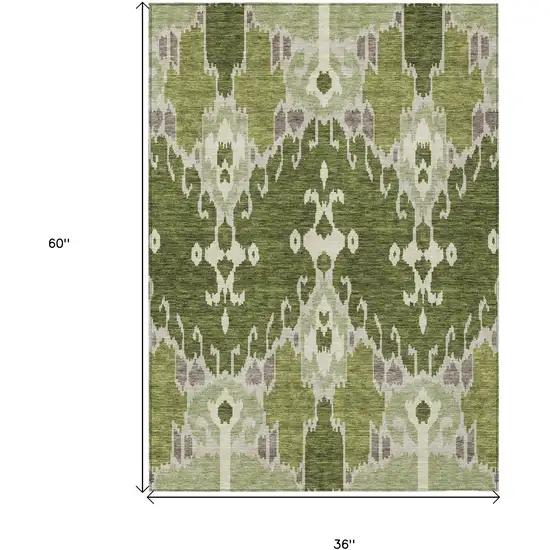 Olive Green And Artichoke Green Ikat Washable Indoor Outdoor Area Rug Photo 7