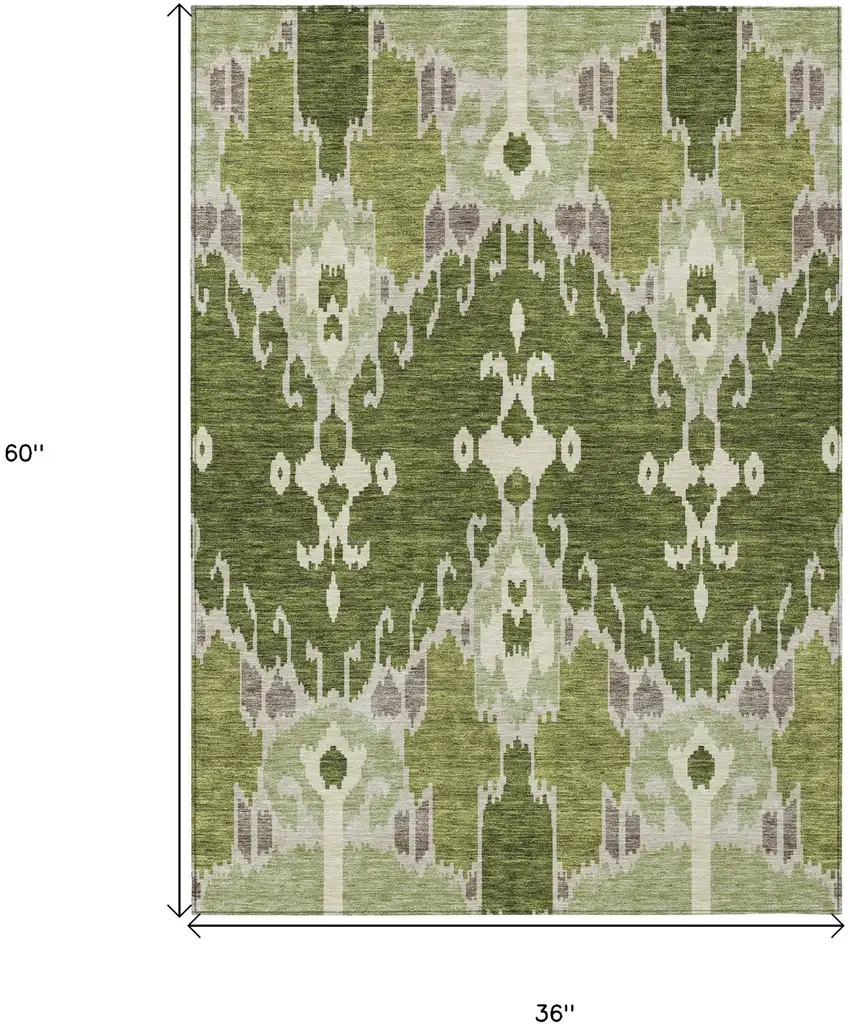 Olive Green And Artichoke Green Ikat Washable Indoor Outdoor Area Rug Photo 7