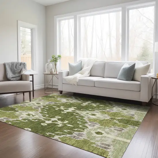 Olive Green And Artichoke Green Ikat Washable Indoor Outdoor Area Rug Photo 8