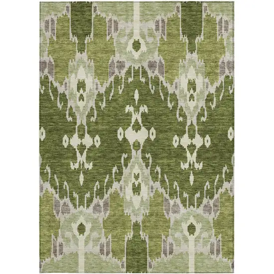 Olive Green And Artichoke Green Ikat Washable Indoor Outdoor Area Rug Photo 5
