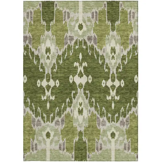 Olive Green And Artichoke Green Ikat Washable Indoor Outdoor Area Rug Photo 5