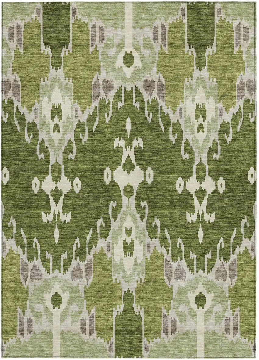 Olive Green And Artichoke Green Ikat Washable Indoor Outdoor Area Rug Photo 5