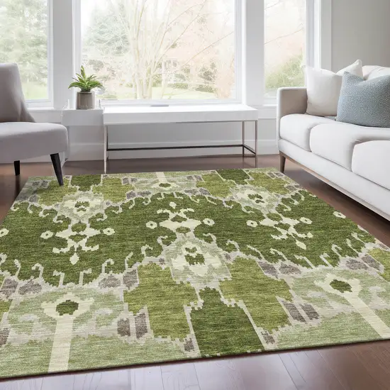 Olive Green And Artichoke Green Ikat Washable Indoor Outdoor Area Rug Photo 7