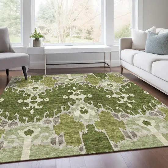 Olive Green And Artichoke Green Ikat Washable Indoor Outdoor Area Rug Photo 7