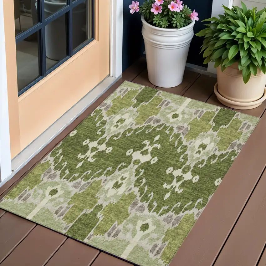 Olive Green And Artichoke Green Ikat Washable Indoor Outdoor Area Rug Photo 1