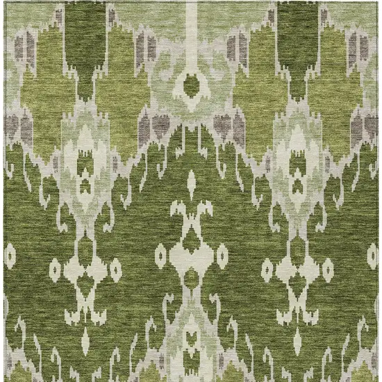 Olive Green And Artichoke Green Ikat Washable Indoor Outdoor Area Rug Photo 4
