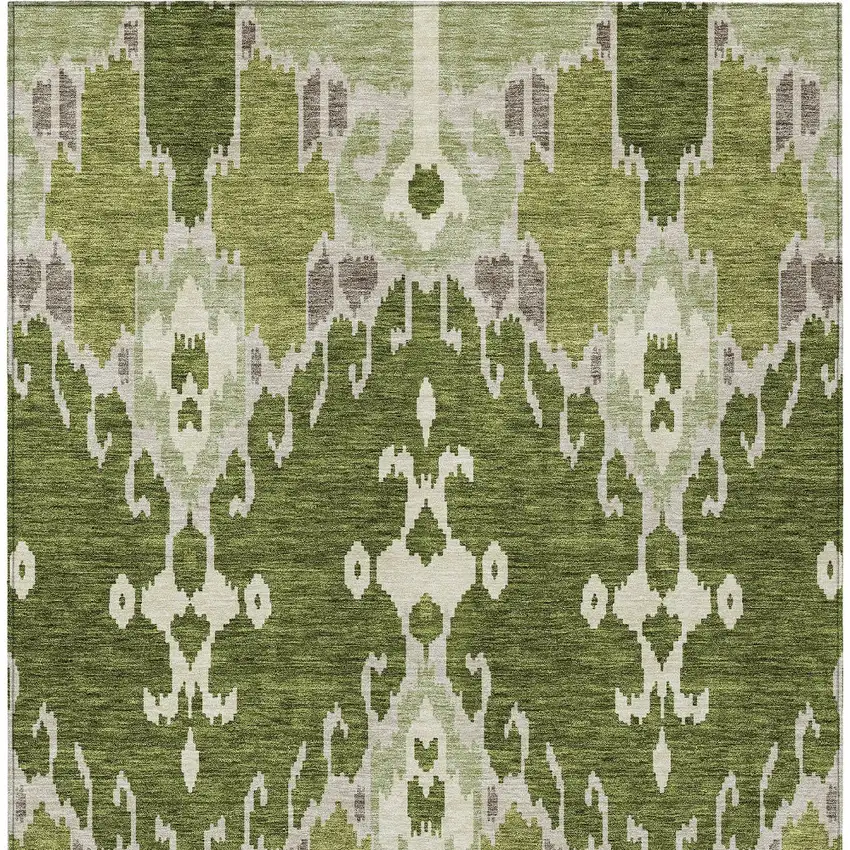 Olive Green And Artichoke Green Ikat Washable Indoor Outdoor Area Rug Photo 4
