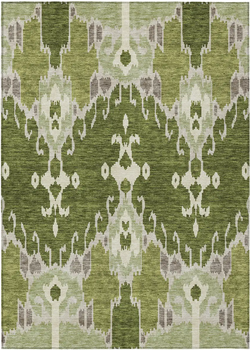 Olive Green And Artichoke Green Ikat Washable Indoor Outdoor Area Rug Photo 1
