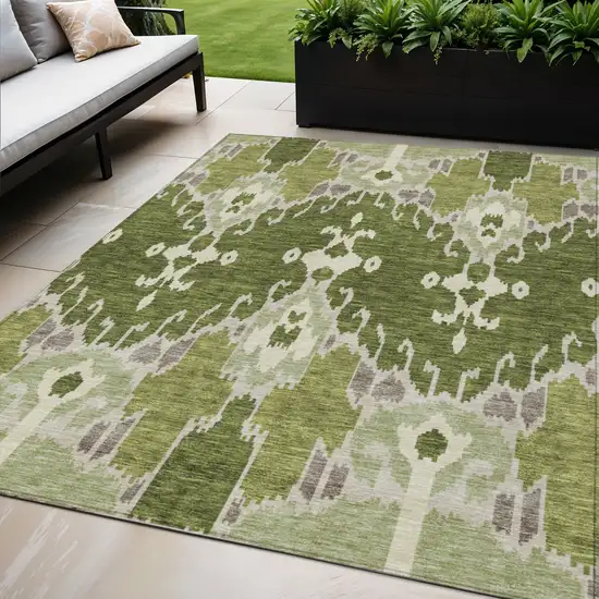 Olive Green And Artichoke Green Ikat Washable Indoor Outdoor Area Rug Photo 1