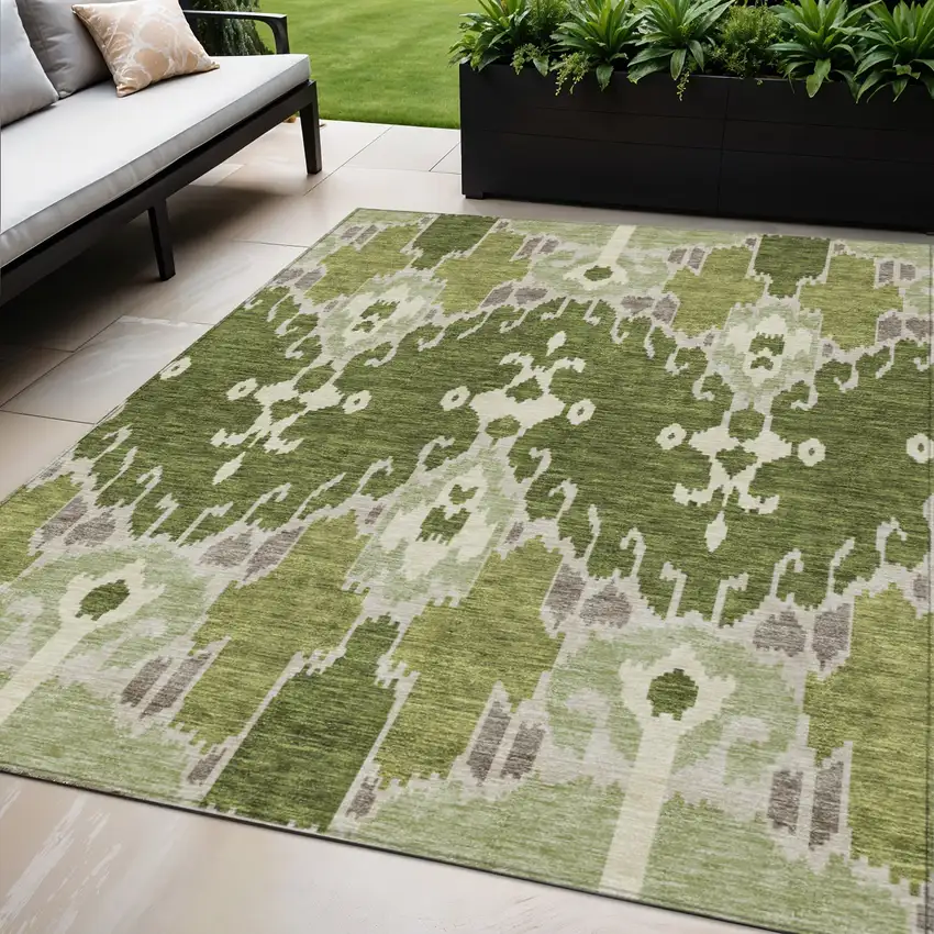 Olive Green And Artichoke Green Ikat Washable Indoor Outdoor Area Rug Photo 1