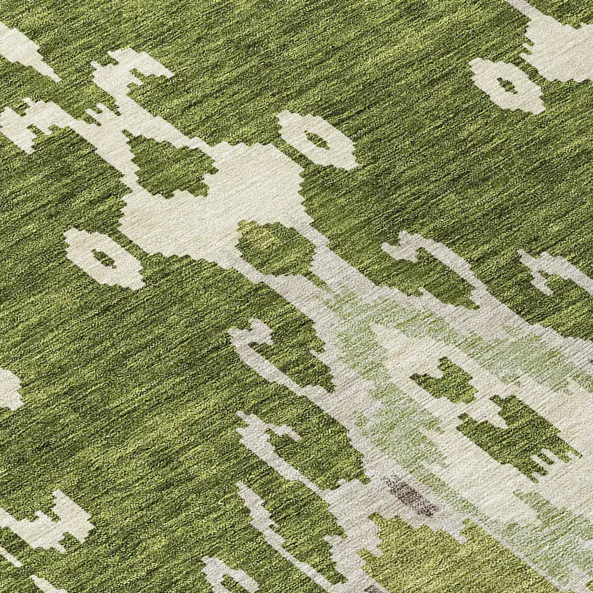 Olive Green And Artichoke Green Ikat Washable Indoor Outdoor Area Rug Photo 8