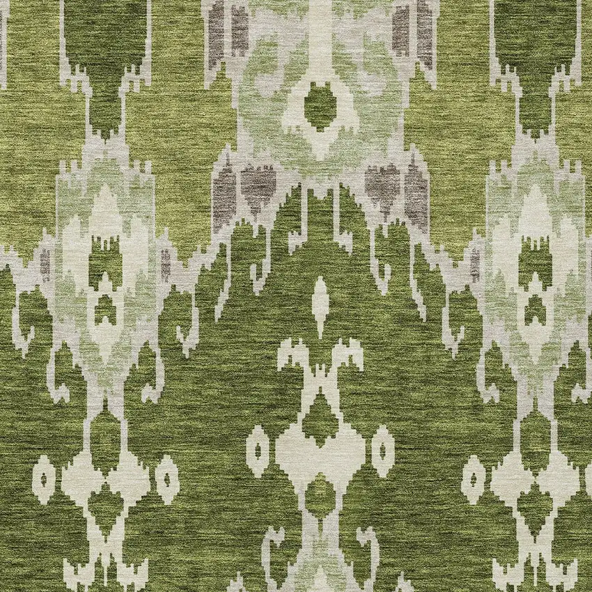 Olive Green And Artichoke Green Ikat Washable Indoor Outdoor Area Rug Photo 4