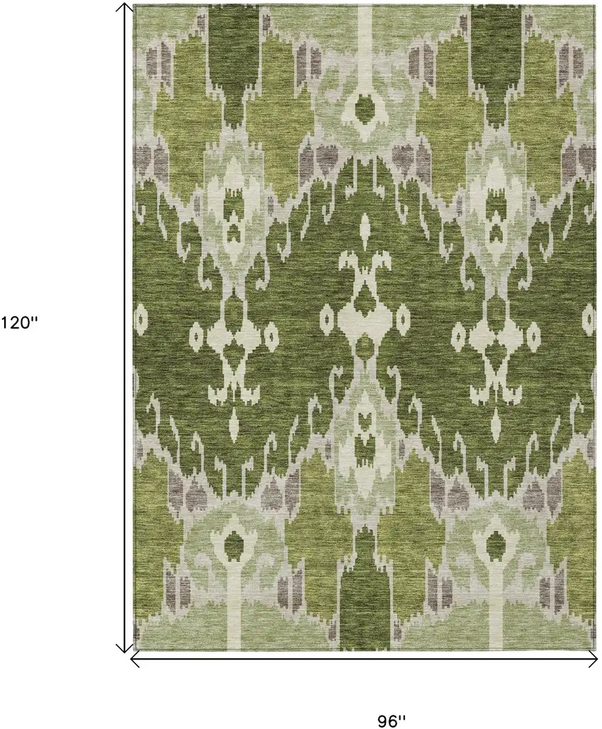Olive Green And Artichoke Green Ikat Washable Indoor Outdoor Area Rug Photo 9