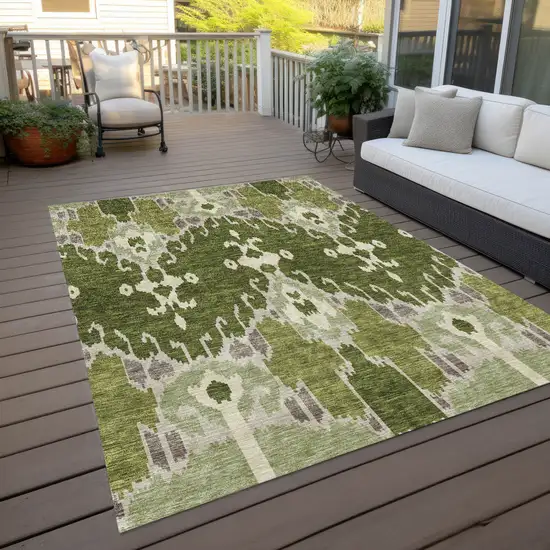 Olive Green And Artichoke Green Ikat Washable Indoor Outdoor Area Rug Photo 9