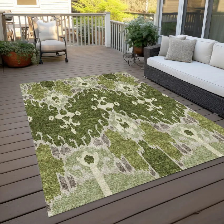 Olive Green And Artichoke Green Ikat Washable Indoor Outdoor Area Rug Photo 9