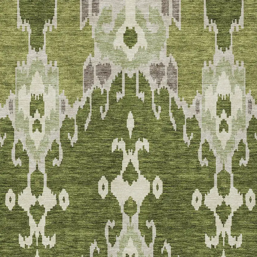 Olive Green And Artichoke Green Ikat Washable Indoor Outdoor Area Rug Photo 4