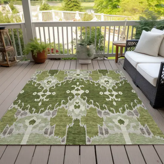 Olive Green And Artichoke Green Ikat Washable Indoor Outdoor Area Rug Photo 6