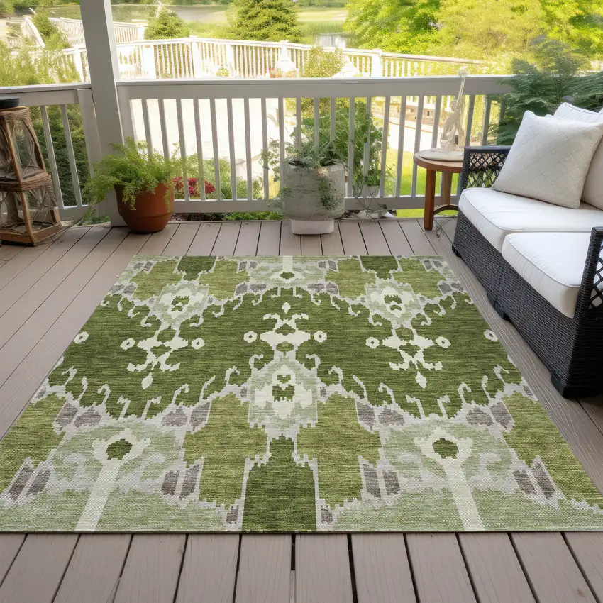 Olive Green And Artichoke Green Ikat Washable Indoor Outdoor Area Rug Photo 5
