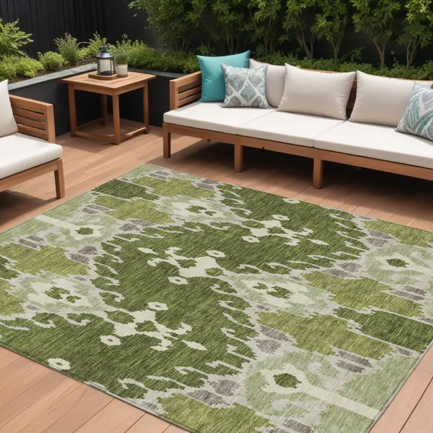 Olive Green And Artichoke Green Ikat Washable Indoor Outdoor Area Rug Photo 1