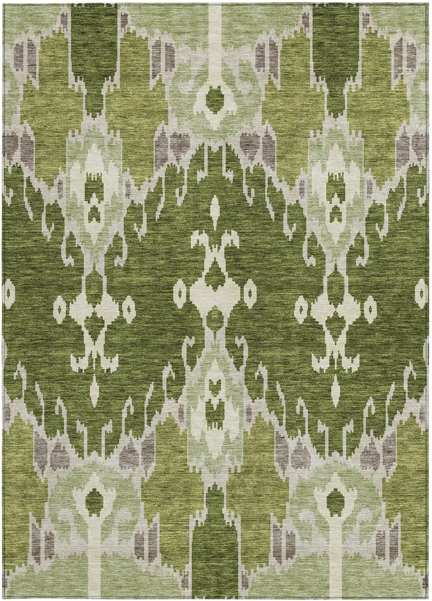 Olive Green And Artichoke Green Ikat Washable Indoor Outdoor Area Rug Photo 4