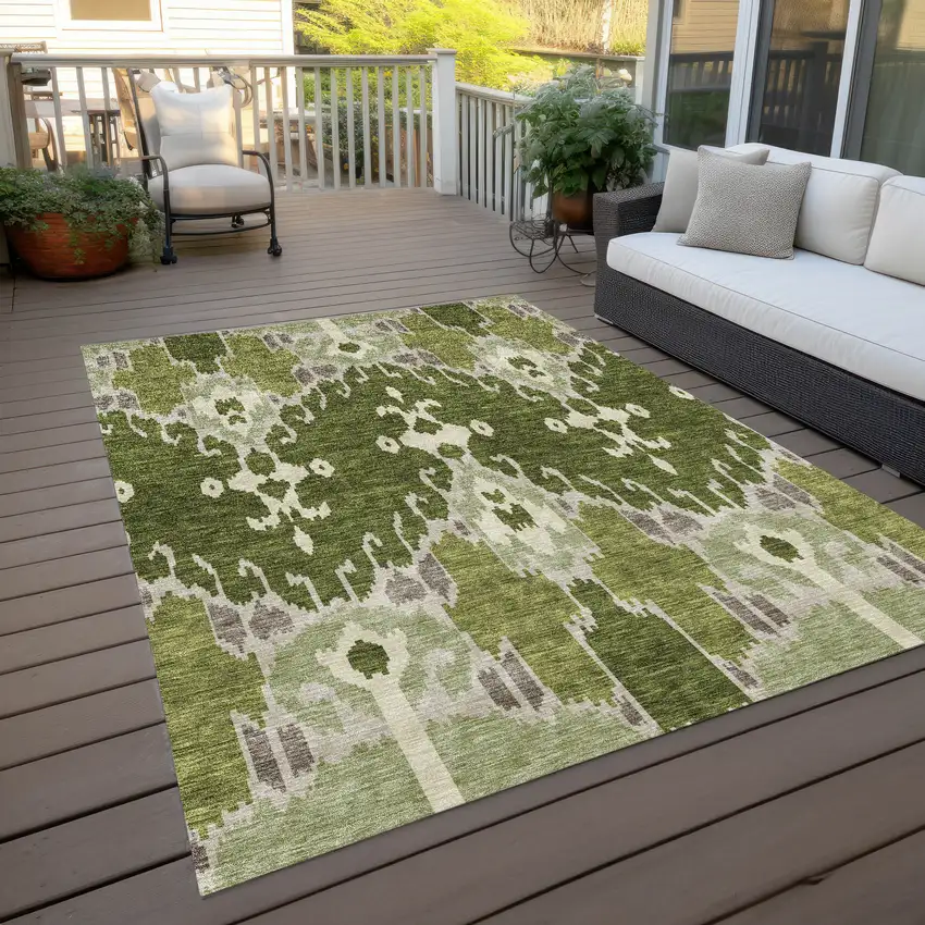 Olive Green And Artichoke Green Ikat Washable Indoor Outdoor Area Rug Photo 8