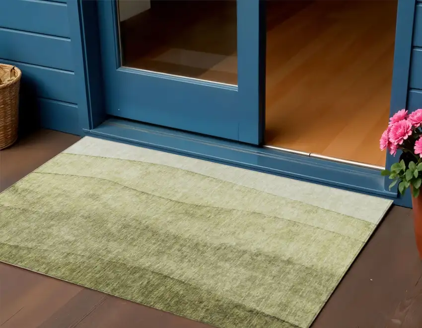 Olive Green And Artichoke Green Ombre Washable Indoor Outdoor Area Rug Photo 1