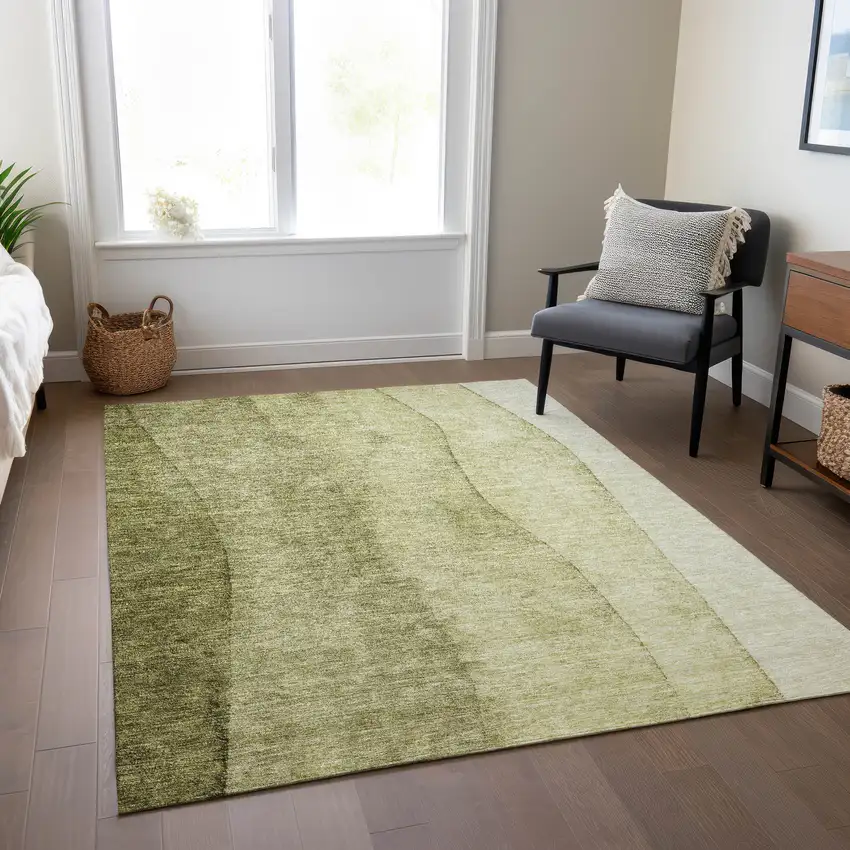 Olive Green And Artichoke Green Ombre Washable Indoor Outdoor Area Rug Photo 8