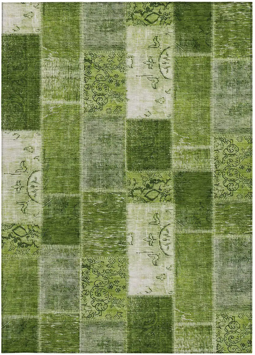 Olive Green And Artichoke Green Patchwork Washable Indoor Outdoor Area Rug Photo 6