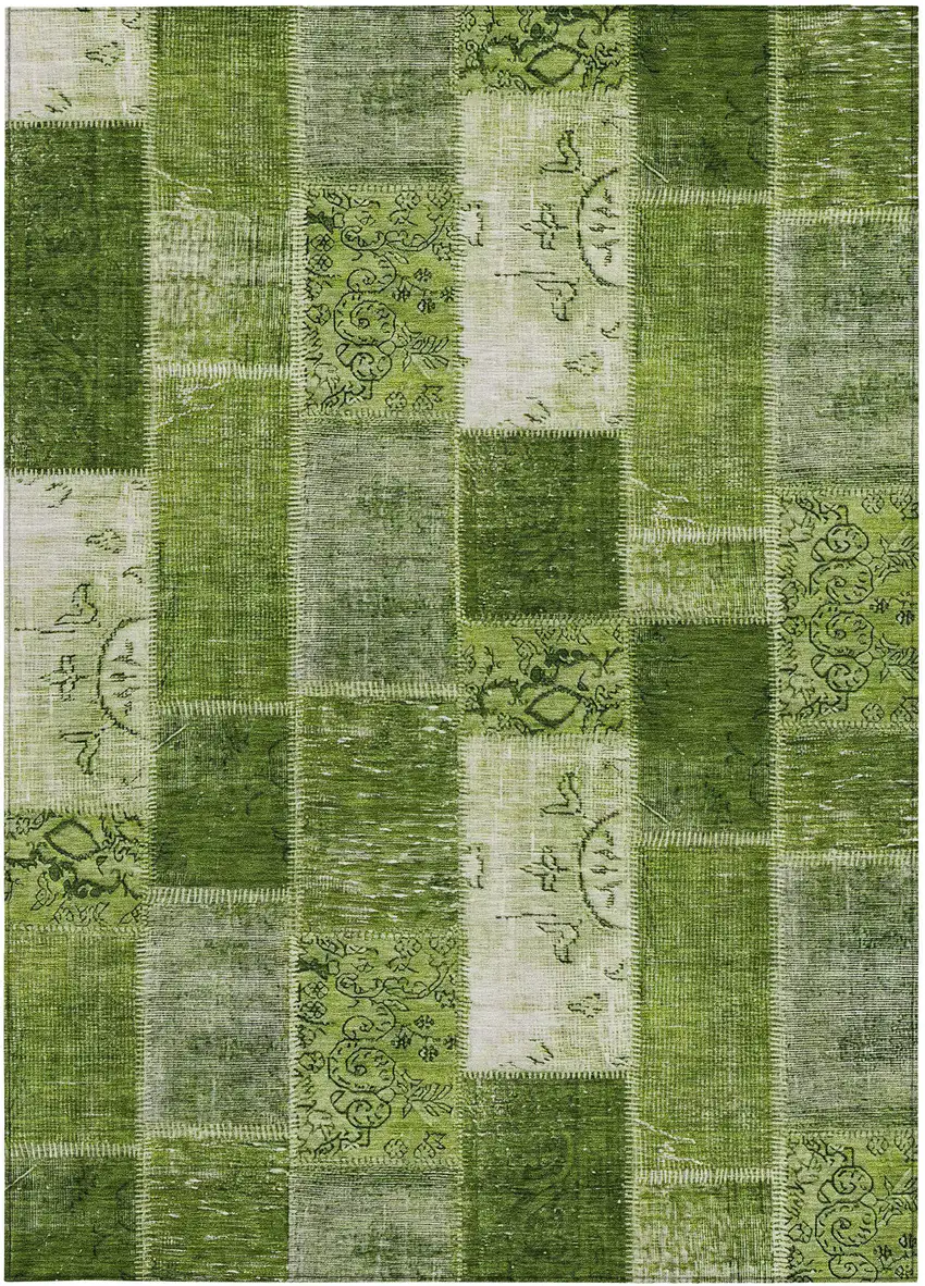 Olive Green And Artichoke Green Patchwork Washable Indoor Outdoor Area Rug Photo 6