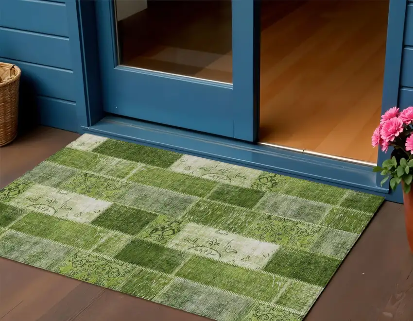 Olive Green And Artichoke Green Patchwork Washable Indoor Outdoor Area Rug Photo 1