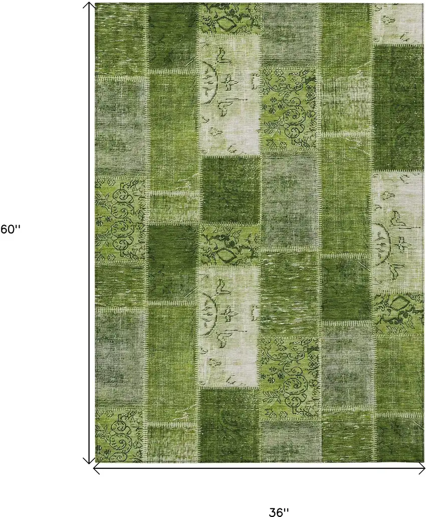 Olive Green And Artichoke Green Patchwork Washable Indoor Outdoor Area Rug Photo 3