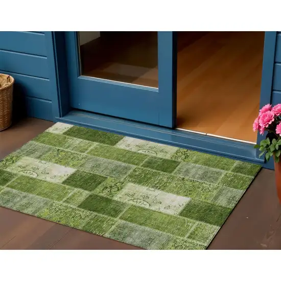 Olive Green And Artichoke Green Patchwork Washable Indoor Outdoor Area Rug Photo 2